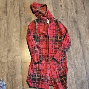NWT Natural Reflections Red Black Plaid OPen Cardigan Jacket Coat Long Women